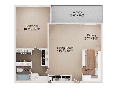 Floor plan for 1 bed, 1 bath, 704 sqft